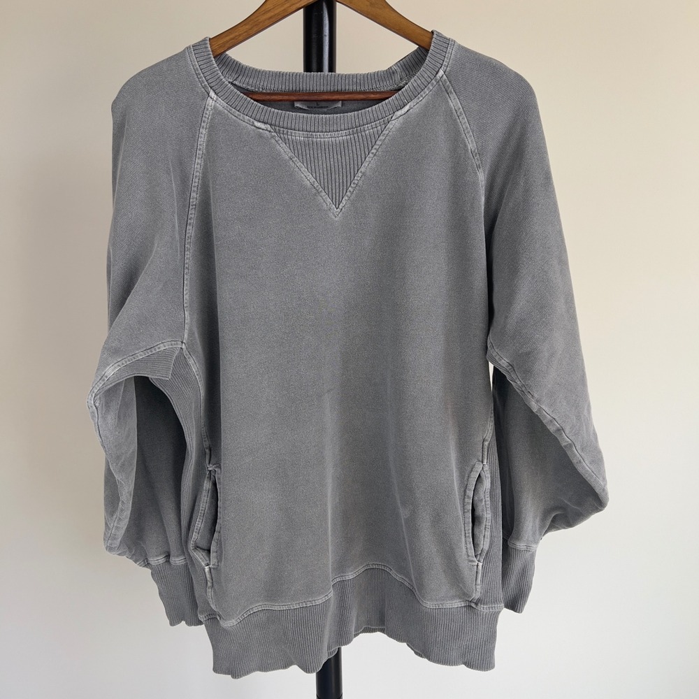 Zenana Womens Large Mineral Wash Grey Raglan Sweatshirt SidePockets Vintage Look